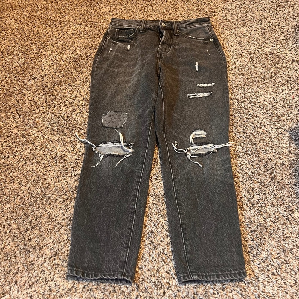 Old Navy Women Size 2 Petite Extra High Rise O.G. Straight Distressed Black Jean